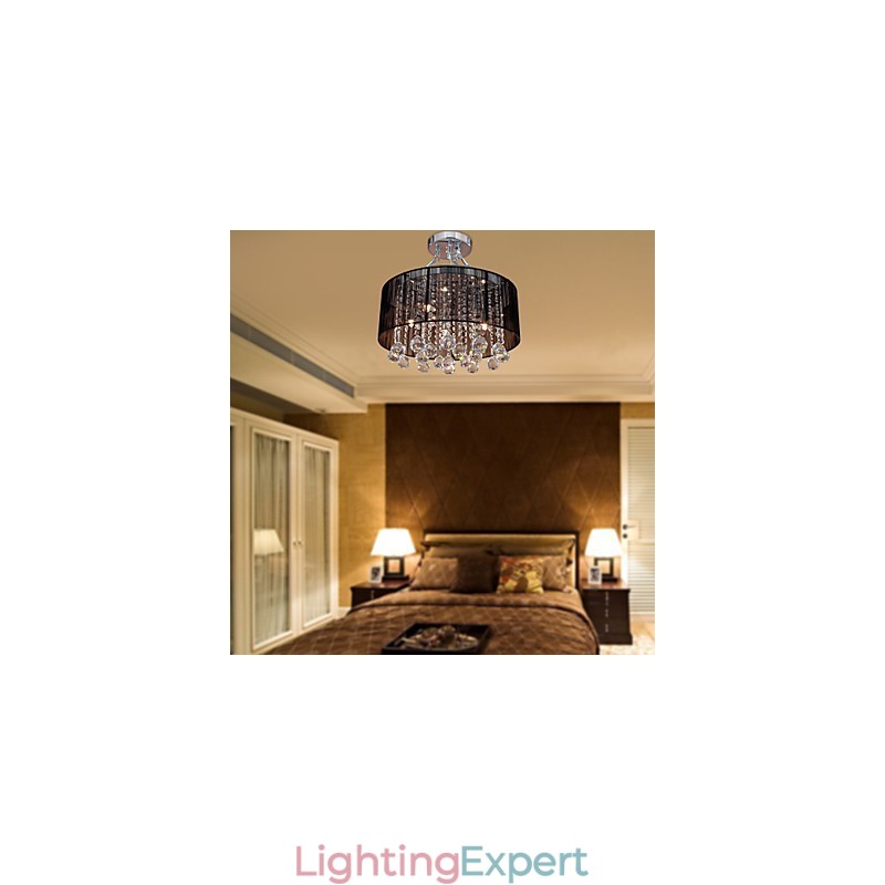 Modern Crystal Flush Mount with 5 Lights Black Fabric Shade