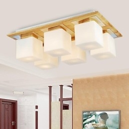 Oak Ceiling Lamp Six Lights Oak and Glass 220~240V