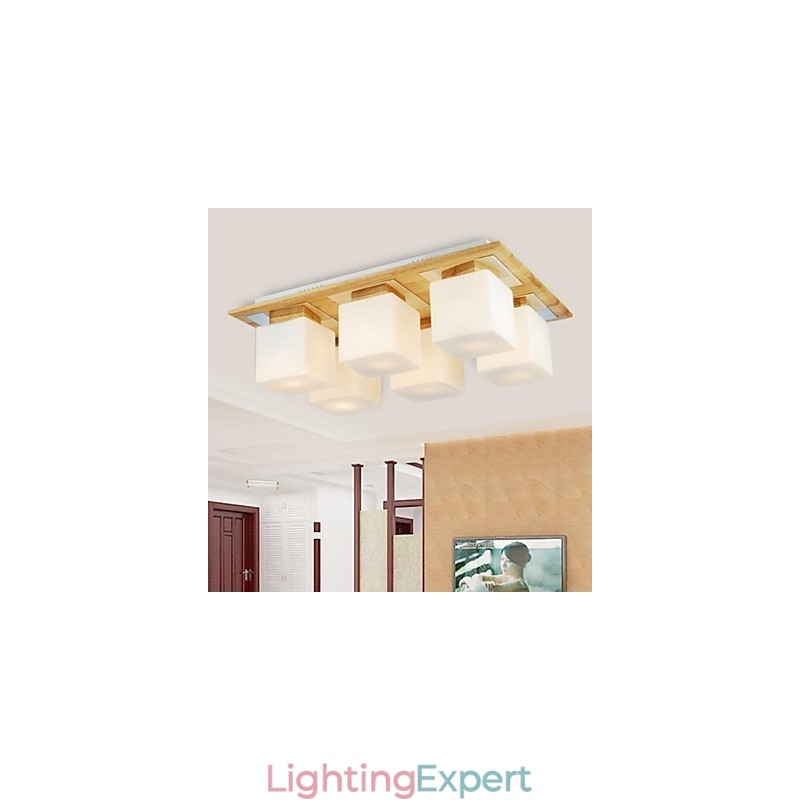 Oak Ceiling Lamp Six Lights Oak and Glass 220~240V