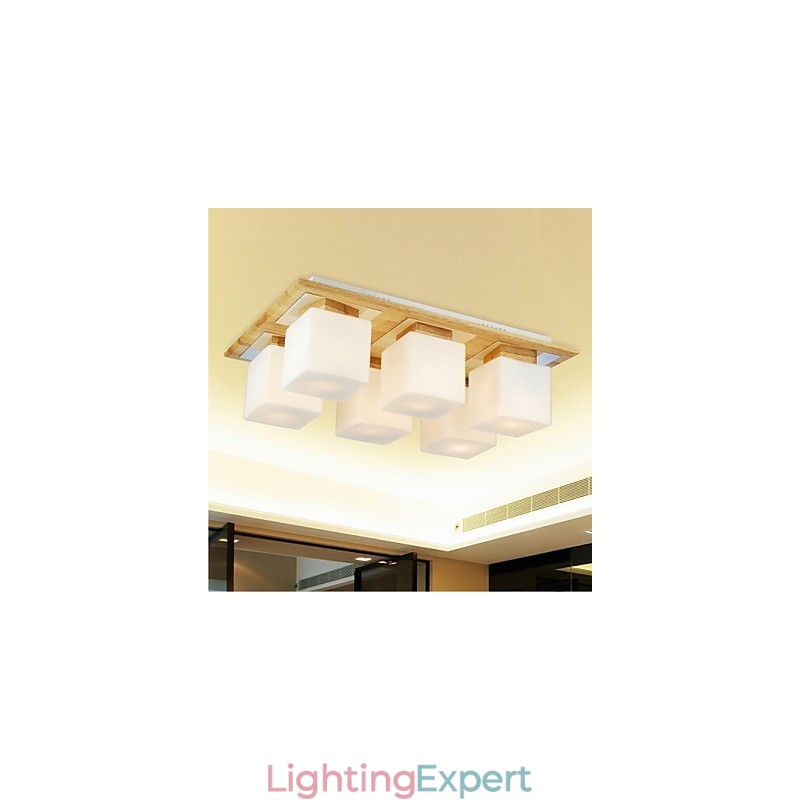 Oak Ceiling Lamp Six Lights Oak and Glass 220~240V