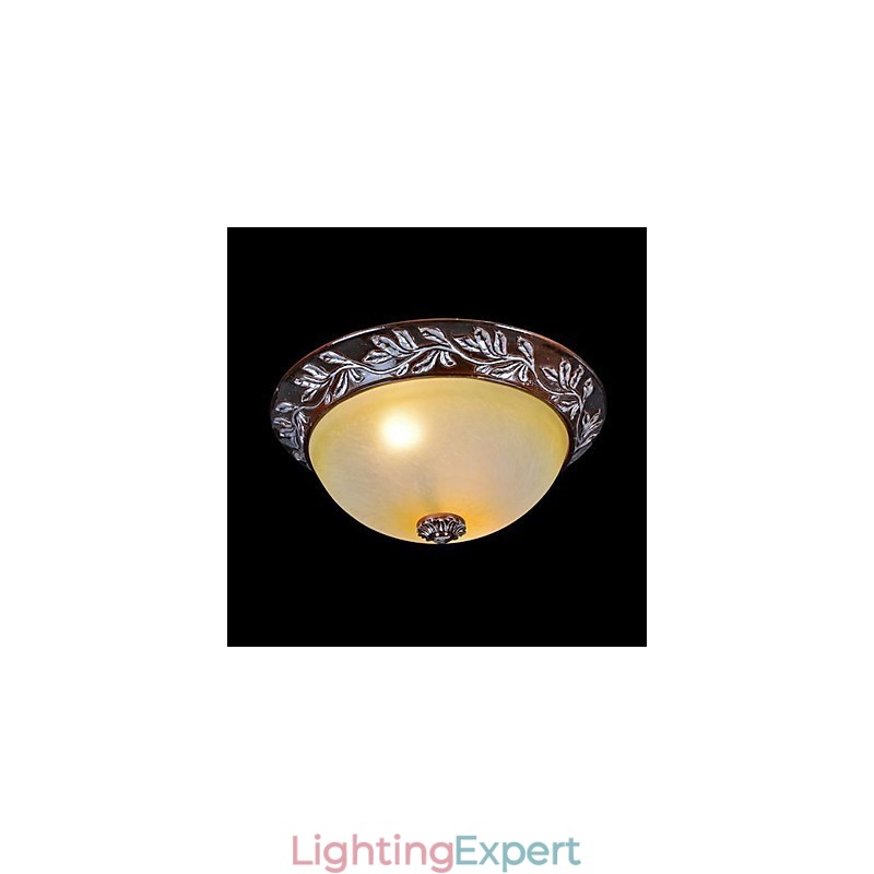 Flush Mount Light White Yellow Glass Resin Silver Carving European Classic