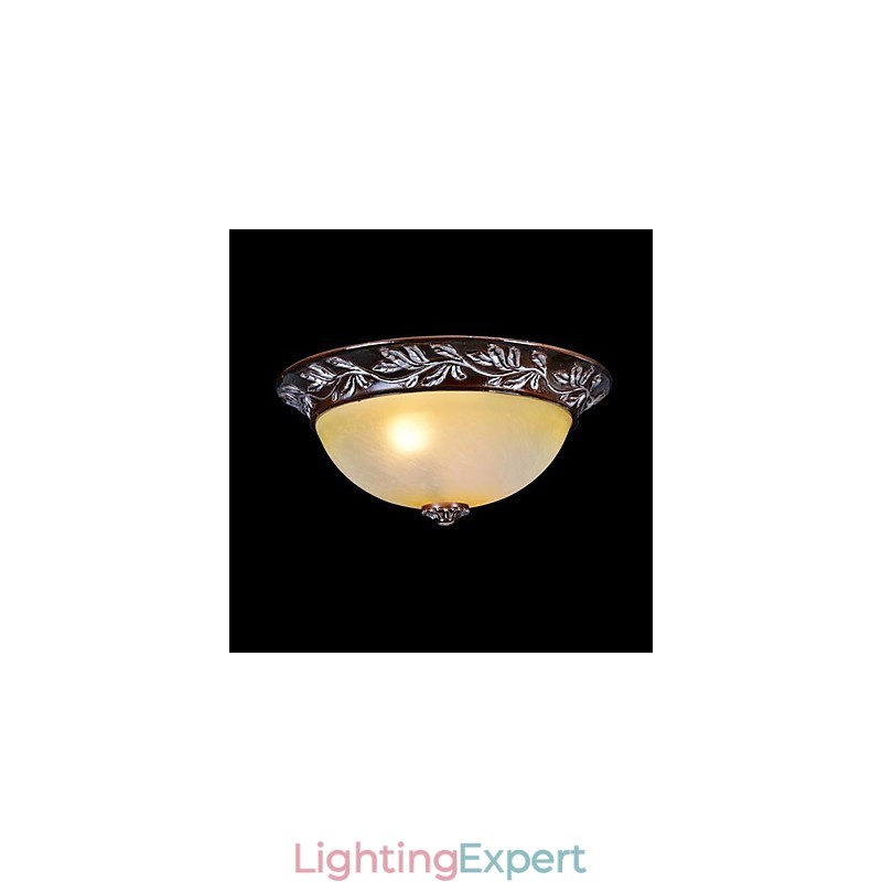 Flush Mount Light White Yellow Glass Resin Silver Carving European Classic