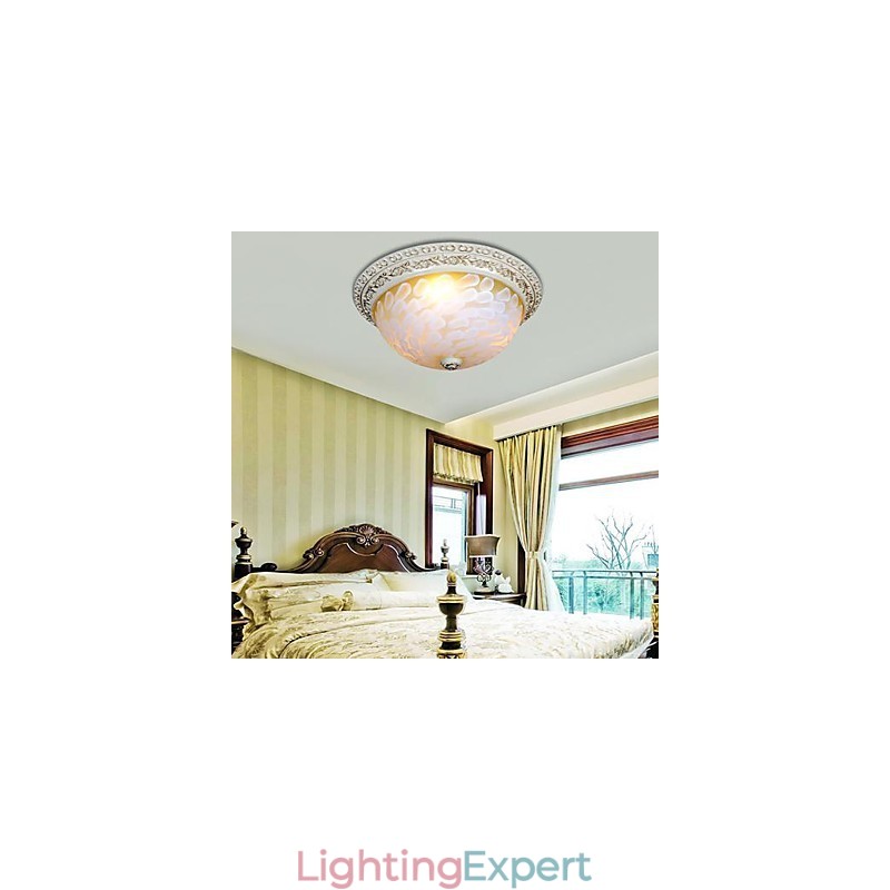 White Flush Mount Light Pattern Glass Resin Gold Carving European Classic