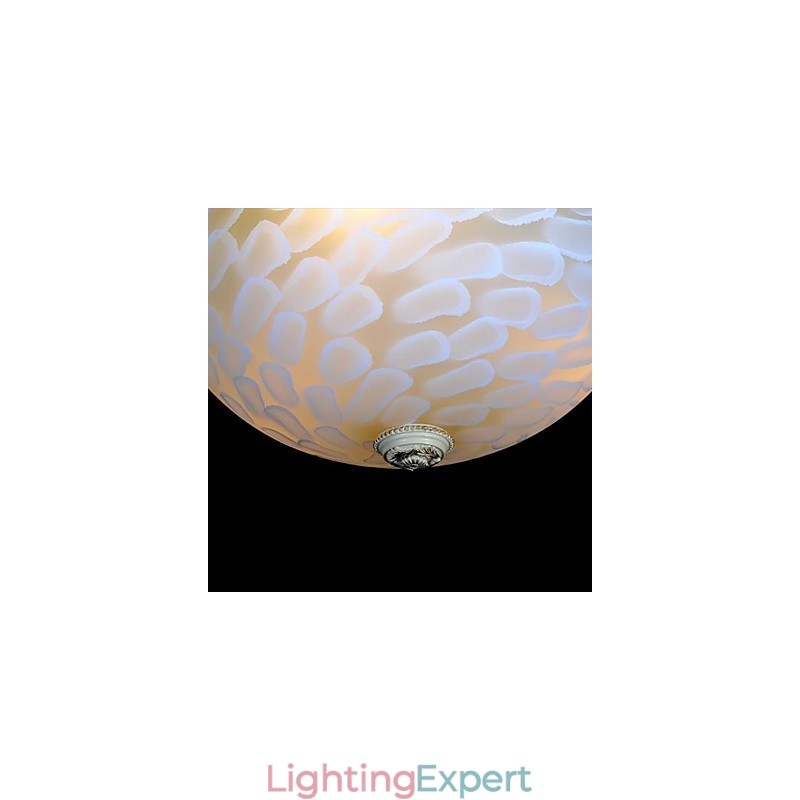 White Flush Mount Light Pattern Glass Resin Gold Carving European Classic