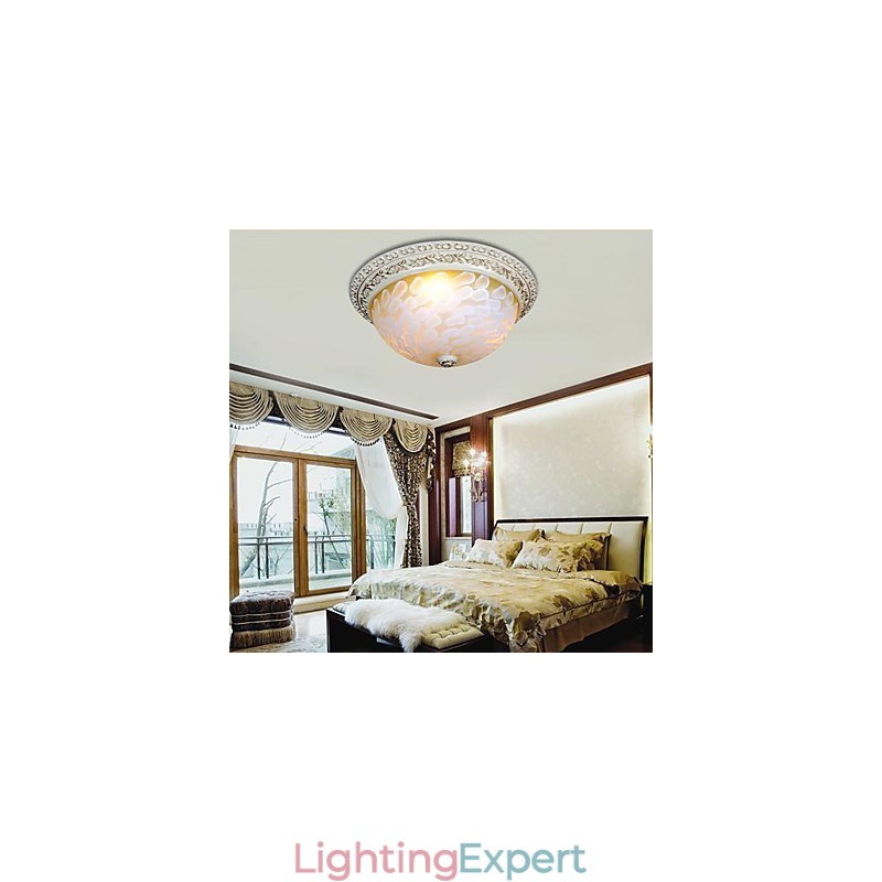 White Flush Mount Light Pattern Glass Resin Gold Carving European Classic