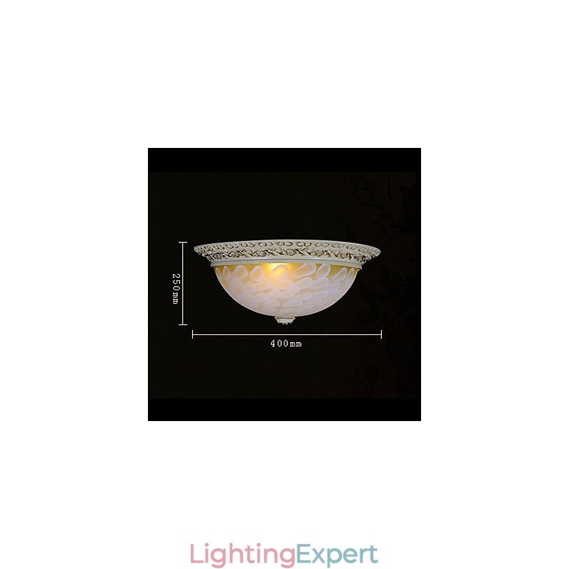 White Flush Mount Light Pattern Glass Resin Gold Carving European Classic