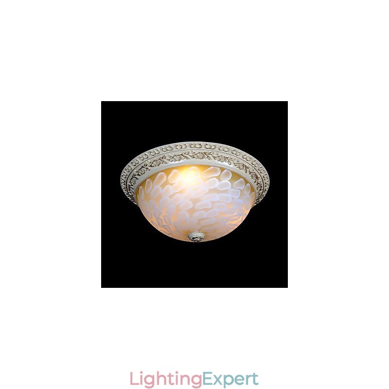 White Flush Mount Light Pattern Glass Resin Gold Carving European Classic