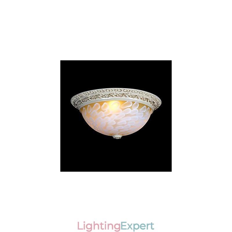 White Flush Mount Light Pattern Glass Resin Gold Carving European Classic