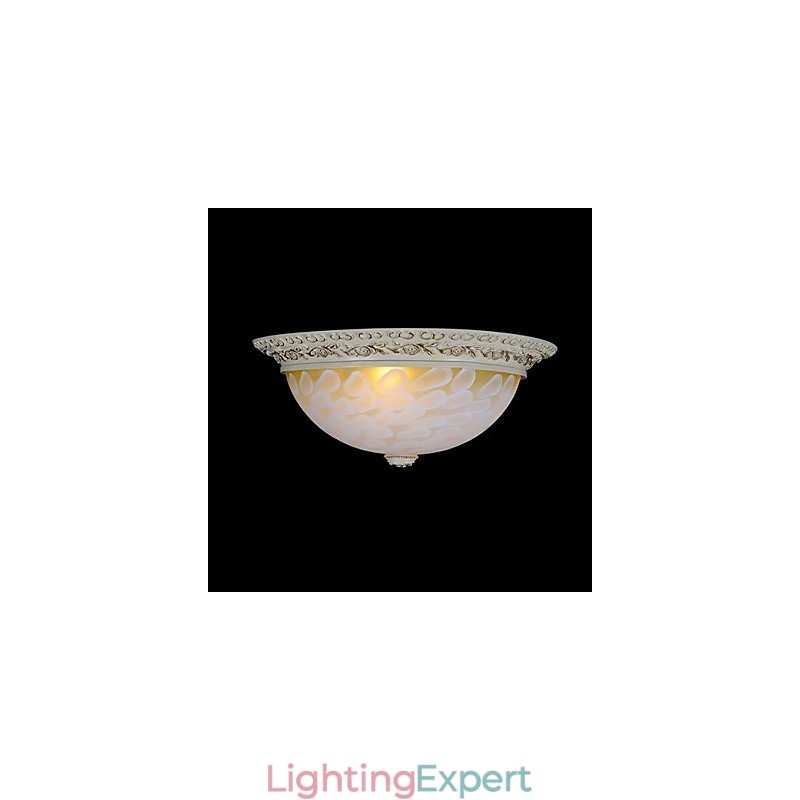 White Flush Mount Light Pattern Glass Resin Gold Carving European Classic