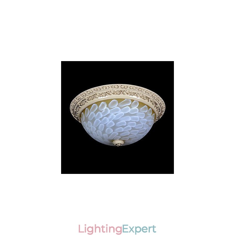 White Flush Mount Light Pattern Glass Resin Gold Carving European Classic