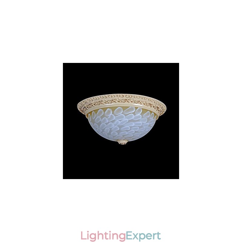White Flush Mount Light Pattern Glass Resin Gold Carving European Classic