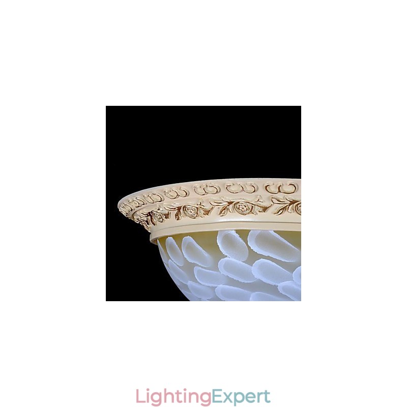White Flush Mount Light Pattern Glass Resin Gold Carving European Classic