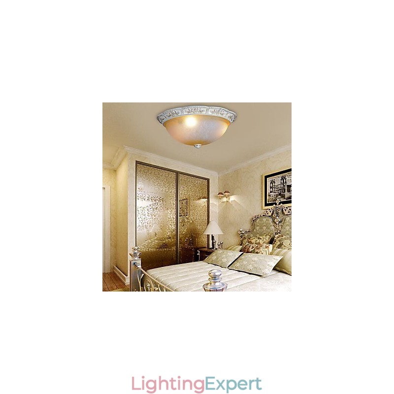 White Flush Mount Light Yellow White Glass Resin Pattern Carving European Classic
