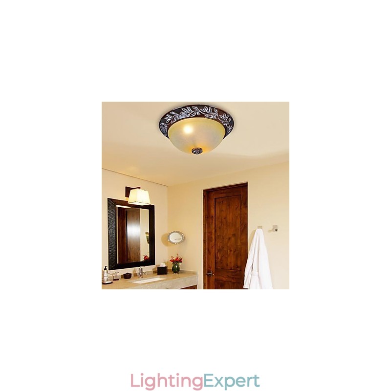 Flush Mount Light White Yellow Glass Resin Silver Carving European Classic