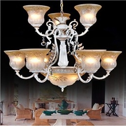 White Chandelier Twelve Lights Pattern Glass Shade Hand Gilt European Retro Classic