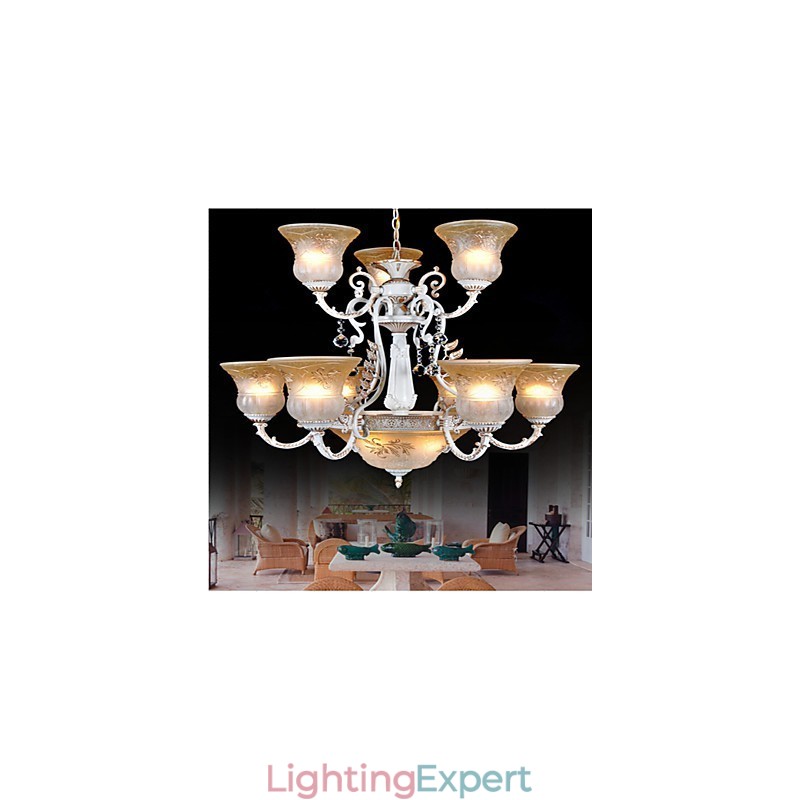 White Chandelier Twelve Lights Pattern Glass Shade Hand Gilt European Retro Classic