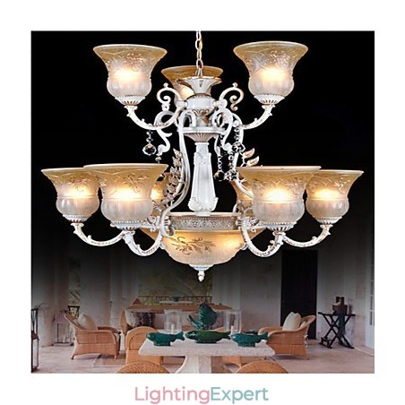 White Chandelier Twelve Lights Pattern Glass Shade Hand Gilt European Retro Classic