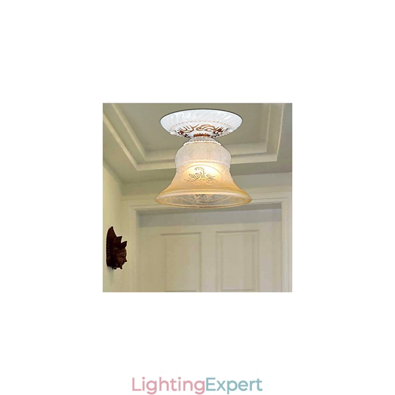White Flush Mount Light Pattern Glass Shade Hand Gilt European Retro Classic