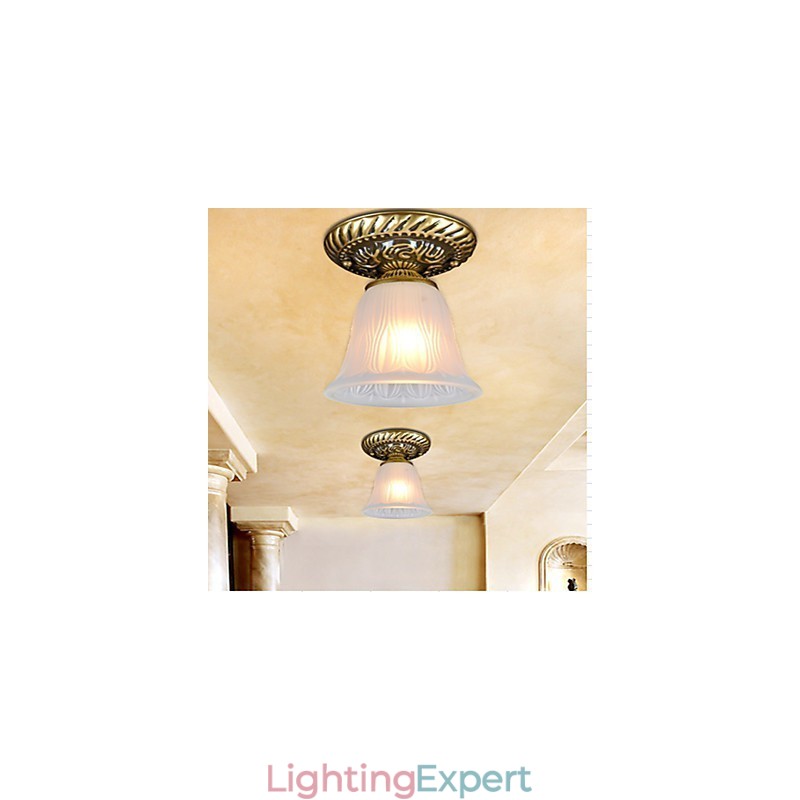Bronze Flush Mount Light Pattern Glass Shade European Retro Classic
