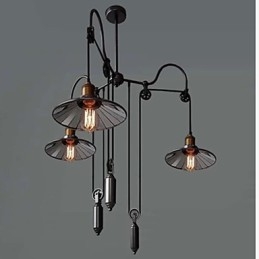Vintage Pully Pendant Light 3 Island Foyer Metal+ Galss inside shade