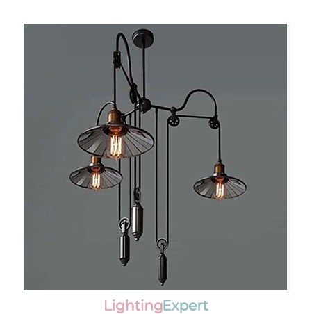 Vintage Pully Pendant Light 3 Island Foyer Metal+ Galss inside shade Vintage Pully Pendant Light 3 Island Foyer Metal+ Galss inside shade