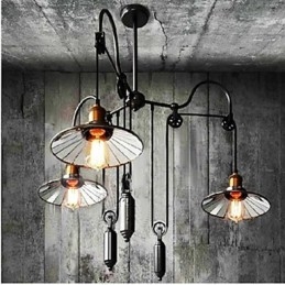 Vintage Pully Pendant Light 3 Island Foyer Metal+ Galss inside shade