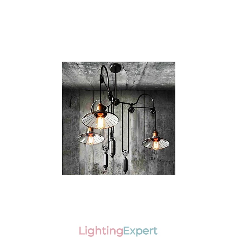 Vintage Pully Pendant Light 3 Island Foyer Metal+ Galss inside shade
