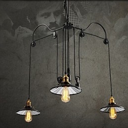 Vintage Pully Pendant Light 3 Island Foyer Metal+ Galss inside shade
