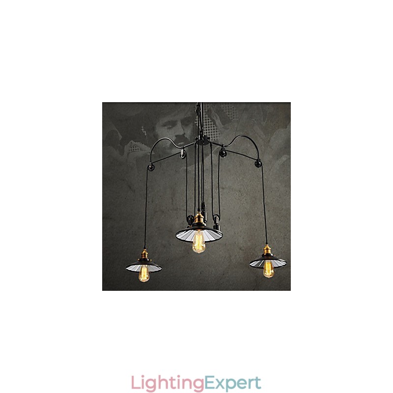 Vintage Pully Pendant Light 3 Island Foyer Metal+ Galss inside shade
