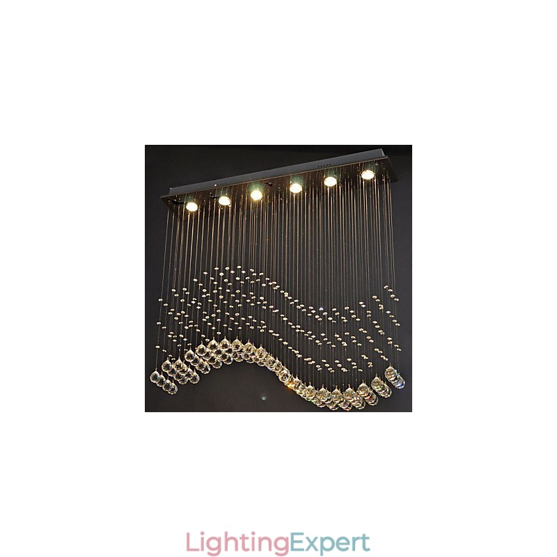 Pendant Light 6 Lights Modern Silver Canpoy Transparent Crystal Waves Ceiling Lighting Fixtures