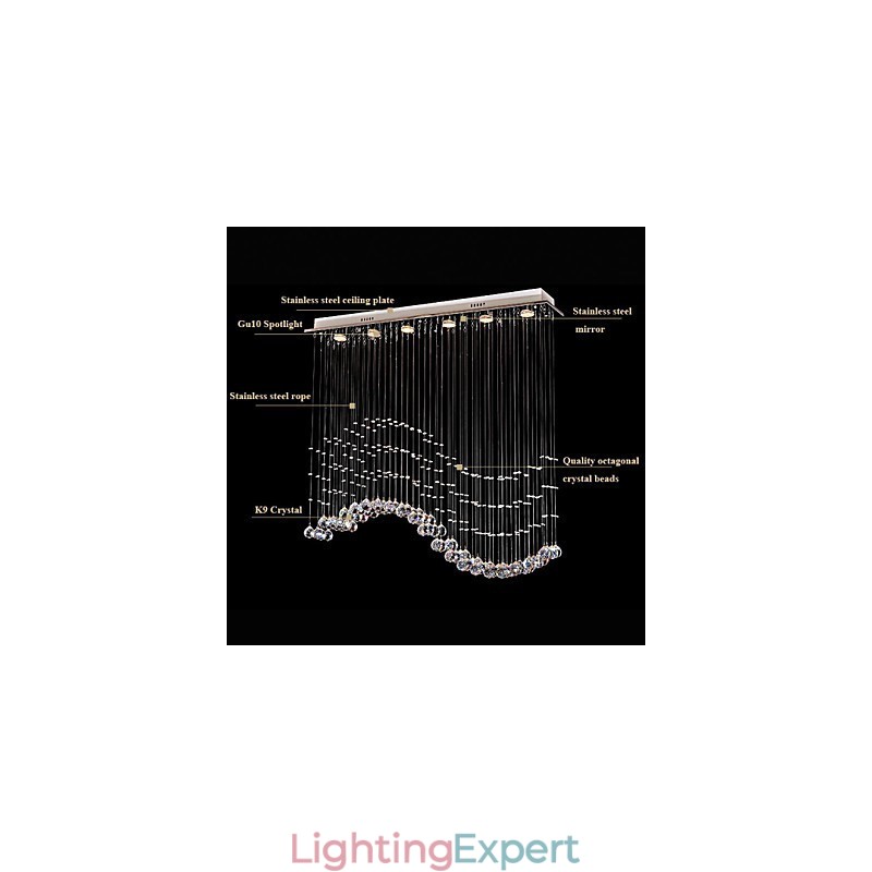 Pendant Light 6 Lights Modern Silver Canpoy Transparent Crystal Waves Ceiling Lighting Fixtures