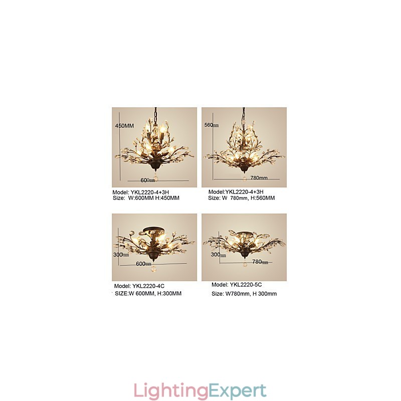 Vintage Crystal Flush Mount 7Lights Metal Painting Black OR Gold