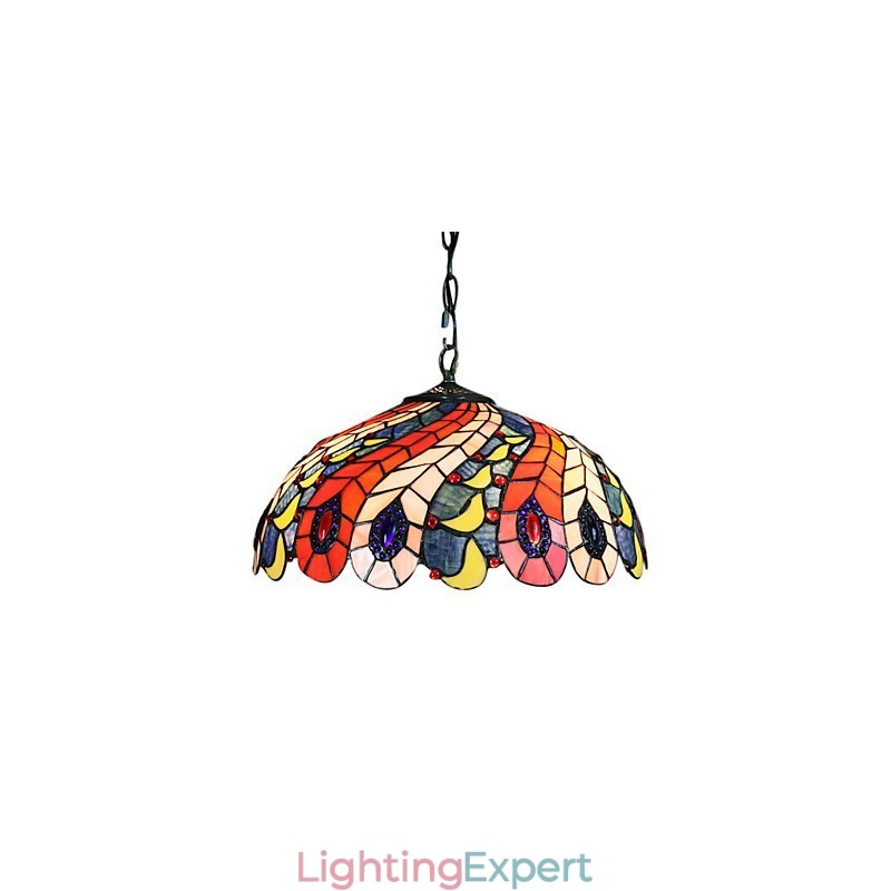 Pendant Light with 2 Light in Peacock Feather Patterned Shade