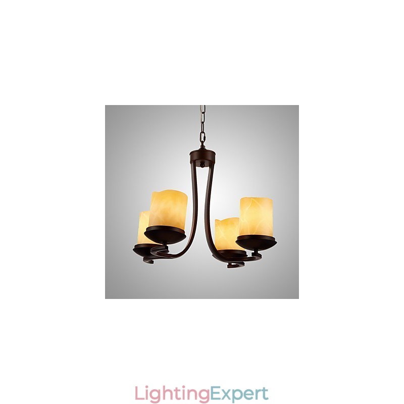 Iron Painting Chandelier with Glass Shade Classic Candle Lighting Lamp 4 Heads
